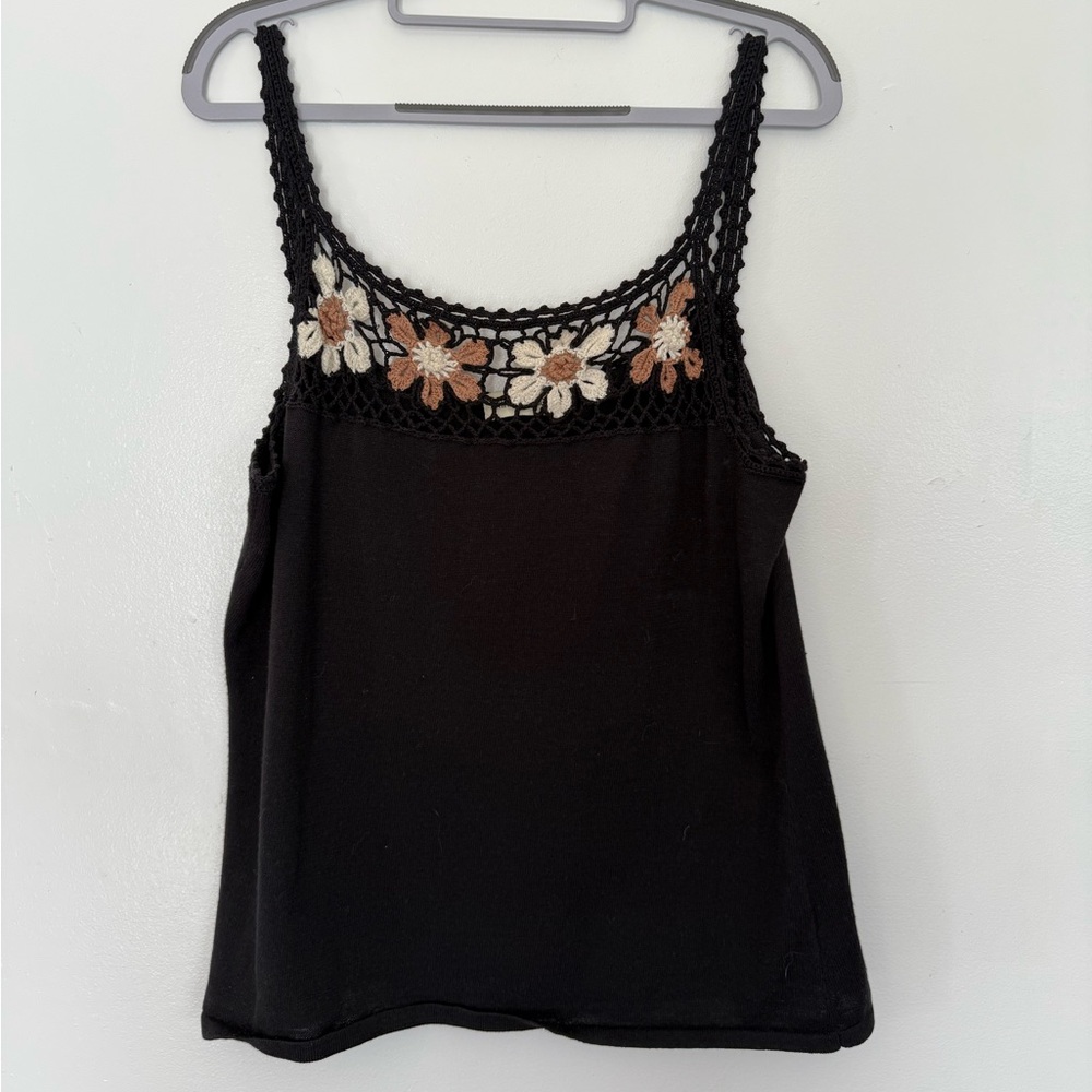 Black Floral Crochet Trim Tank Top